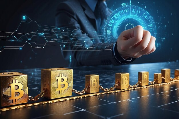Концепция технологии блокчейна с цепью зашифрованных блоков и человеком в фоновом финтех-финансовой криптовалюте, такой как биткойн
