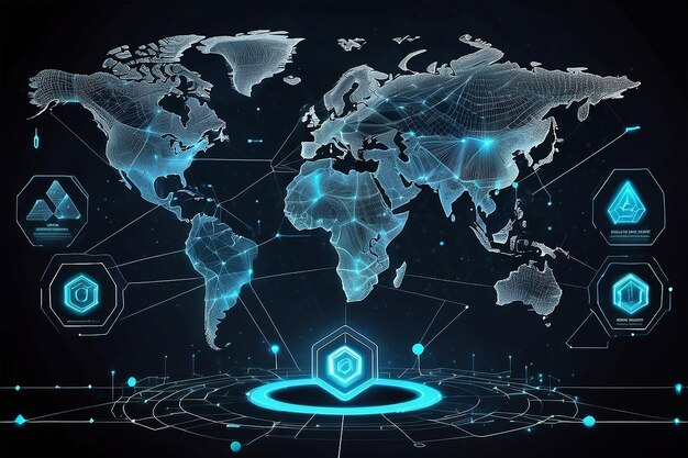 Photo blockchain technology futuristic hud background with world map and blockchain peer to peer network global cryptocurrency blockchain business banner concept