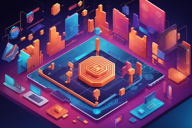 Blockchain technology isometric concept Computer farm mining cryptocurrency digital money Server racks in data center mine crypto currency process big data consisting of chain of digital blocks