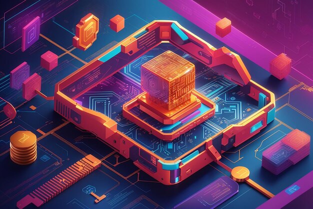 Blockchain technology isometric concept computer farm mining cryptocurrency digital money server racks in data center mine crypto currency process big data consisting of chain of digital blocks