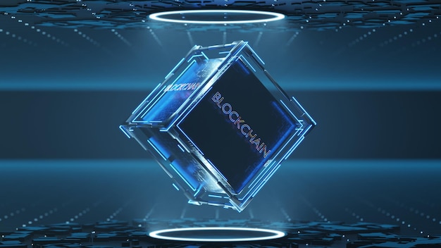 추상적 인 배경을 가진 Blockchain 기술 추상 기술 큐브 3d 렌더링에 Blockchain 비문