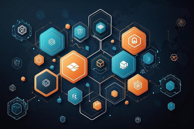 Blockchain technology with icons how blockchain works abstract hexagon background