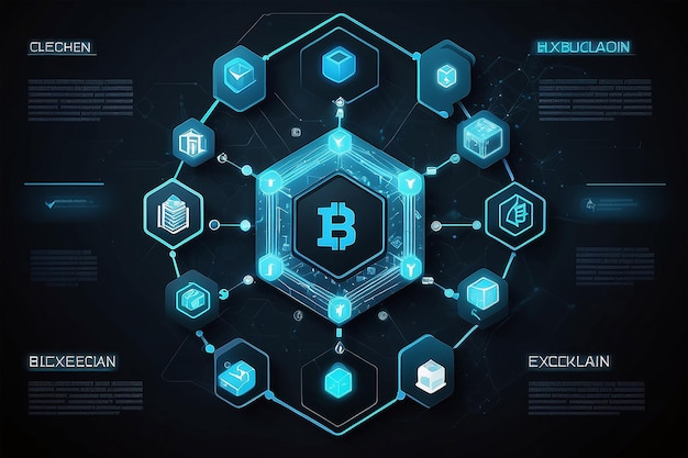 Blockchain technology with icons how blockchain works abstract hexagon background