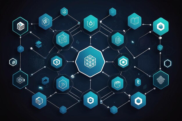 Photo blockchain technology with icons how blockchain works abstract hexagon background