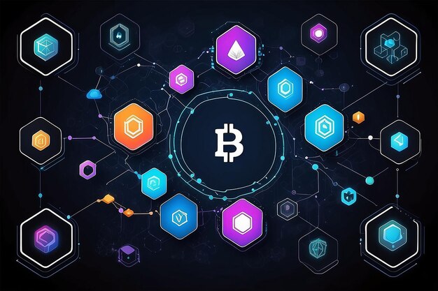 Foto tecnologia blockchain con icone come funziona la blockchain sfondo esagonale astratto