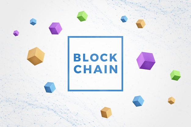 Blockchain-tekst omringd door blokken kubussen met binaire code en netwerkknopen Digitale connectiviteit