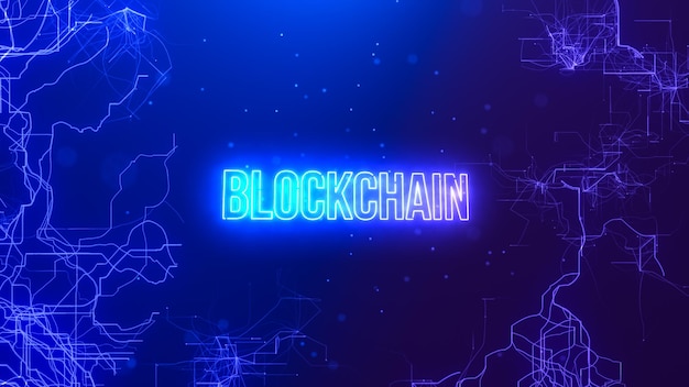 Blockchain text on abstract background of connection fiber with data encrypted