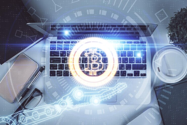 Photo blockchain theme hologram drawings over computer on the desktop background top view double exposure