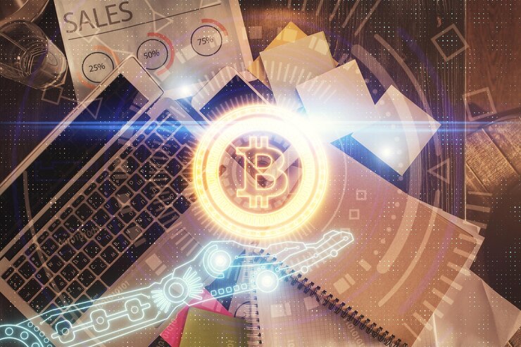 Photo blockchain theme hologram drawings over computer on the desktop background top view double exposure