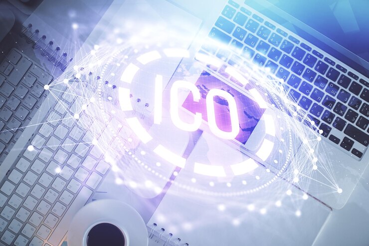 Photo blockchain theme hologram drawings over computer on the desktop background top view double exposure
