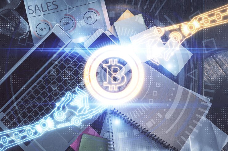 Photo blockchain theme hologram drawings over computer on the desktop background top view double exposure