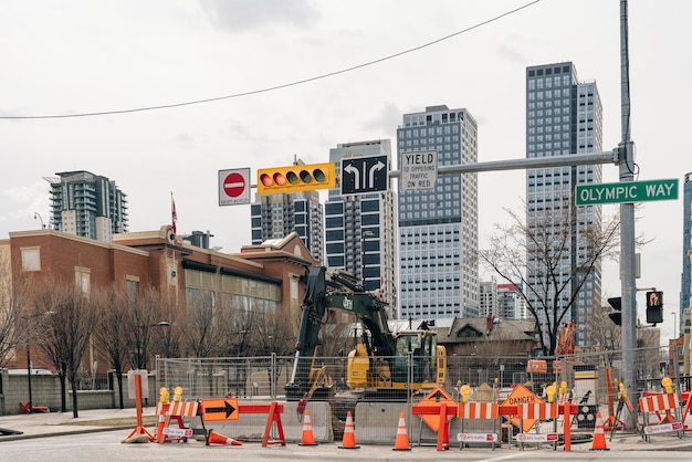 blocked road with road signs in downtown calgary canada may 2022