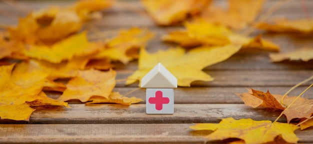 Blocks with medical red cross next to leaves on a wooden table