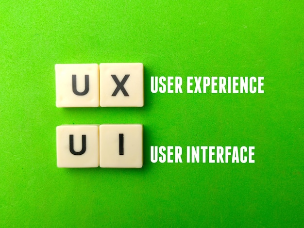 Foto blocchi con ux user experience e testo dell'interfaccia utente ui su uno sfondo verde