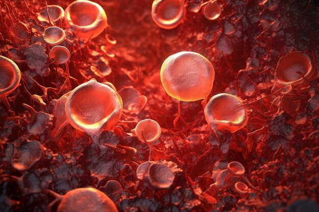 Bloedcellen vergroot onder microscooplicht gemaakt met generatieve ai