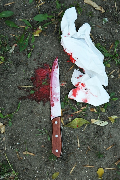 Foto bloedig mes gesleept buiten.