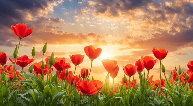 Bloeiend veld met rode tulpen op hemelachtergrond