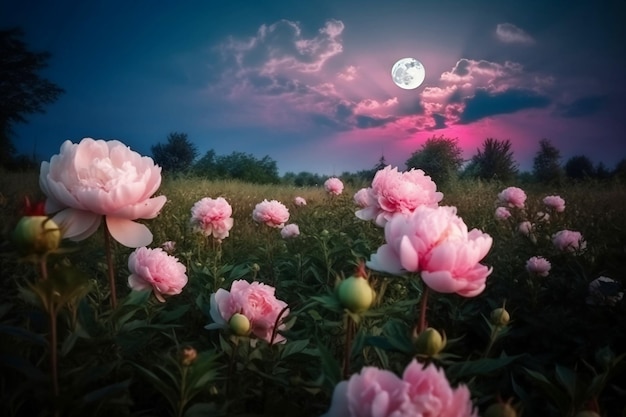 Bloeiend veld van roze pioenrozen bij volle maannacht