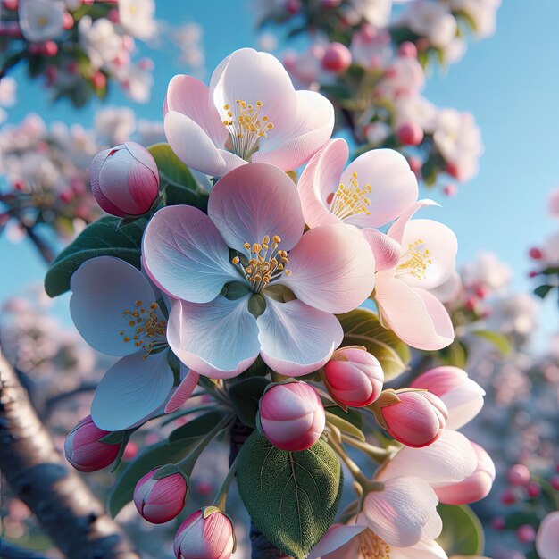 Bloeiende appelbomen bloeien dichtbij heldere blauwe lucht