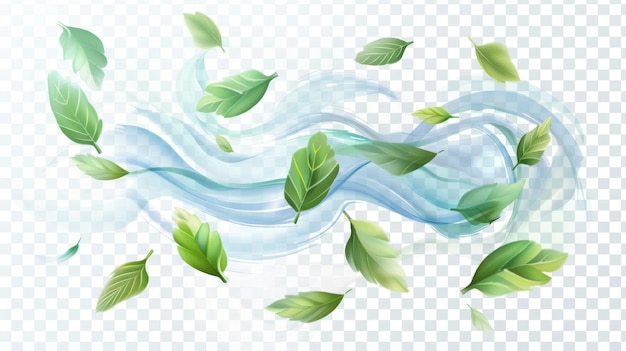 Bloeiende blauwe wind lucht wervelingen en golven met vliegende groene bladeren geïsoleerde frisse windbeweging met muntbladeren moderne illustratie