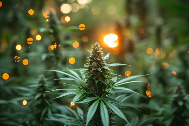 Bloeiende cannabisplant staat op de voorgrond met de zon die door de bomen in de achtergrond schijnt