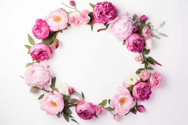 Bloeiende elegantie Boeiende ronde frame krans met rozen pioenen takken en bladeren in Stunn