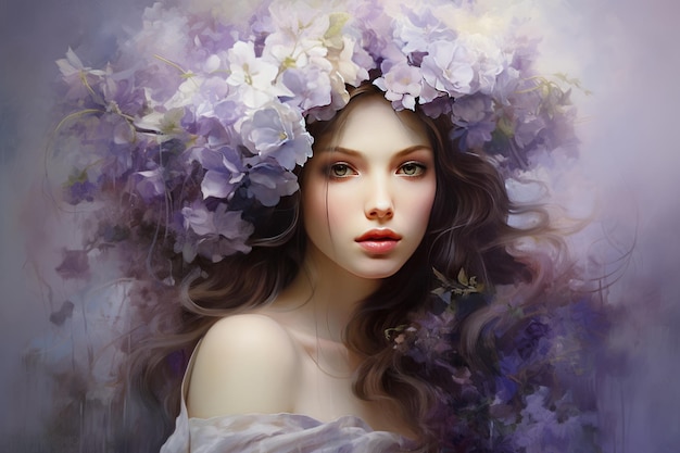 Bloeiende elegantie Vrouw versierd met een delicate witte en paarse bloemenkroonAR 32