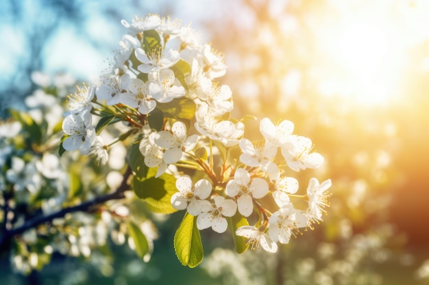 Bloeiende fruitboom met lensgloed bokeh op zonnige generatieve ai