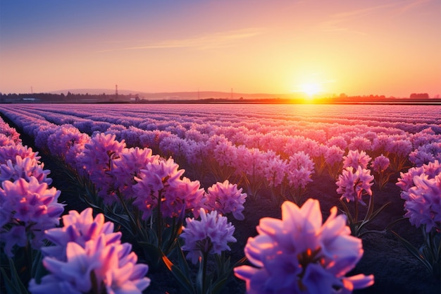 Bloeiende hyacinten te midden van een adembenemende, dromerige schoonheid bij zonsondergang