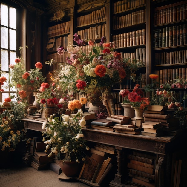 Foto bloeiende kennis de betoverende combinatie van boeken en bloemen in onze weelderige bibliotheek