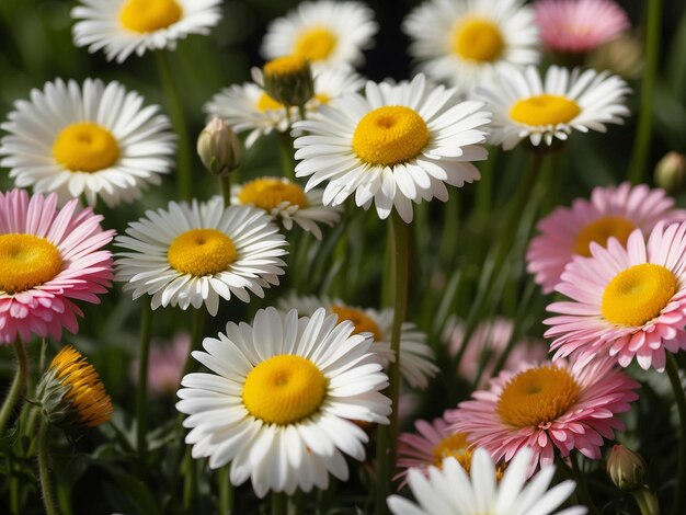 Foto bloeiende lente daisy bloemen weide op een zonnige dag achtergrond