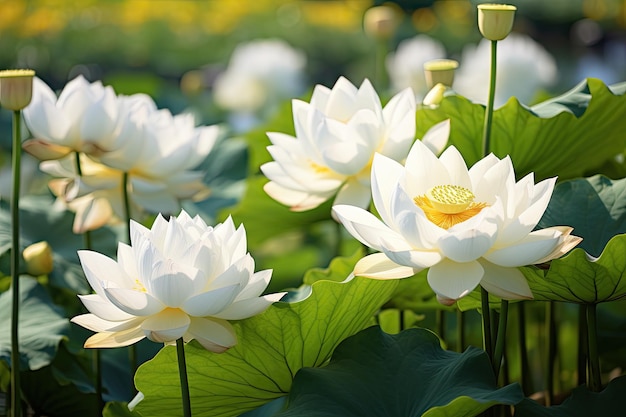 Bloeiende lotusbloem contrasteert met een vijver van witte lotus