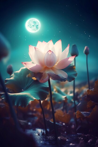 Bloeiende lotusbloemen bij volle maannacht