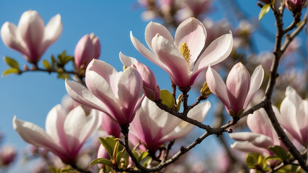 Bloeiende magnolia takken tegen de lucht