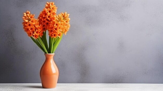 Bloeiende oranje hyacinten in een vaas staan aan de zijkant lege achtergrond in een vintage charmante