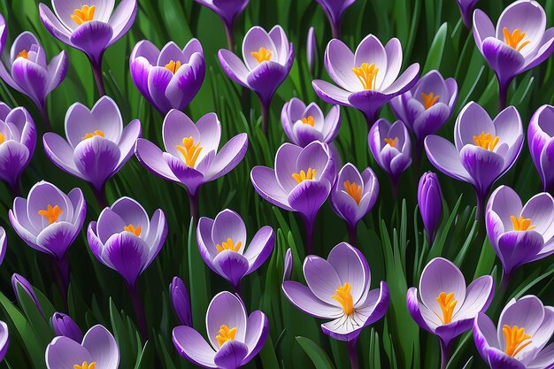 Bloeiende paarse krokusbloemen in een zachte focus op een zonnige voorjaarsdag