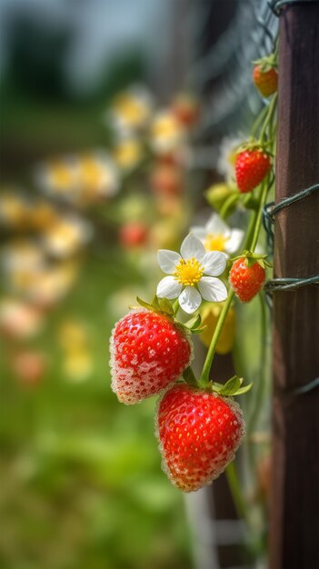 Foto bloeiende rode aardbeien in het voorjaar