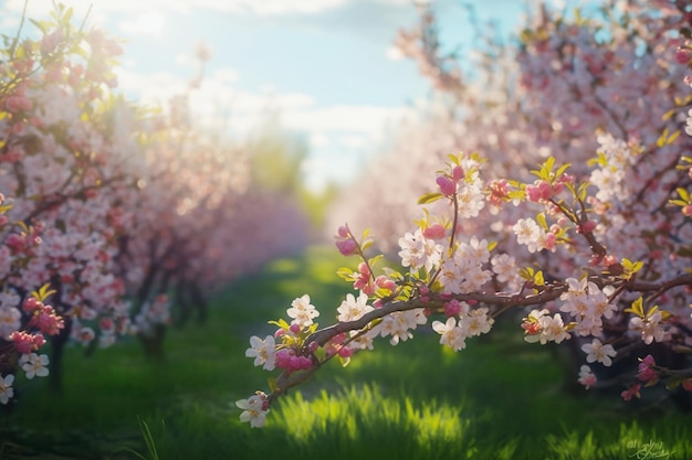 Bloeiende roze sakuratuin op zonnige dag