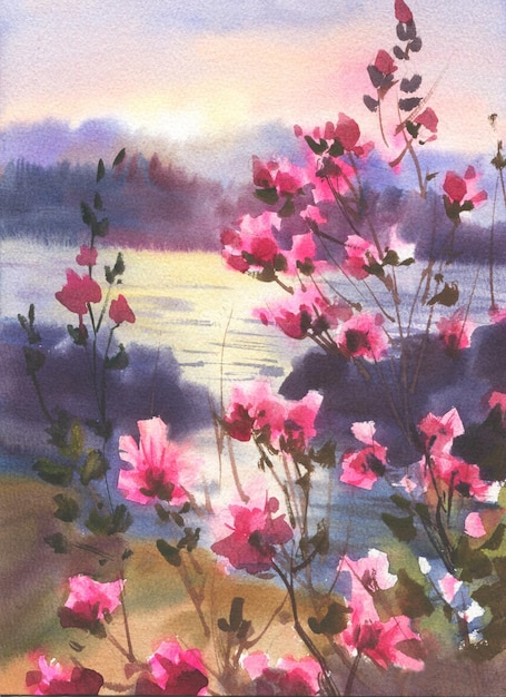 Bloeiende roze tak in lente aquarel achtergrond lente landschap