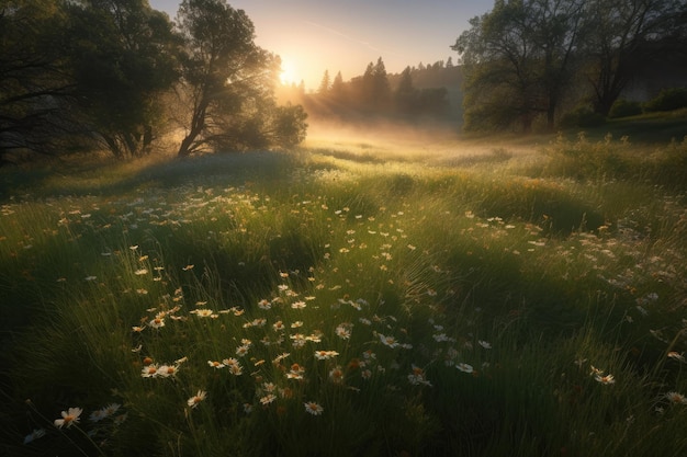 Foto bloeiende schoonheid serene weergave van levendige wilde bloemen te midden van zacht groen gras