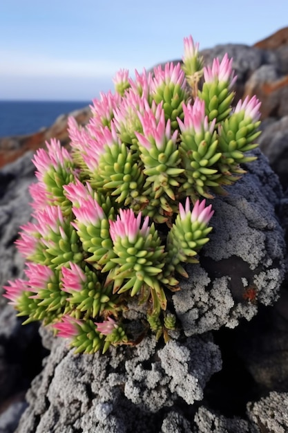 Bloeiende succulente plant op de vulkanische rotsen