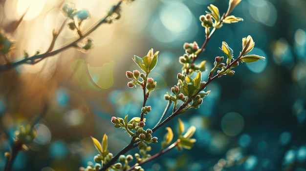Bloeiende takken op de lente onscherpe achtergrond met zonnestralen