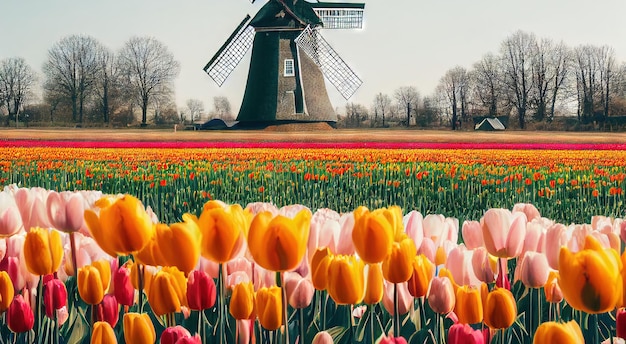 Foto bloeiende velden van tulpenbloem tegen de achtergrond van lucht en molen