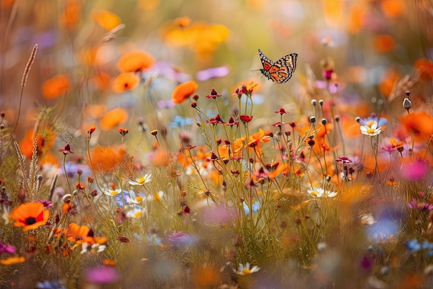 Bloeiende veldexplosie van natuurlijke kleuren met bijen en vlinders die dansen tussen de generatieve bloemen IA