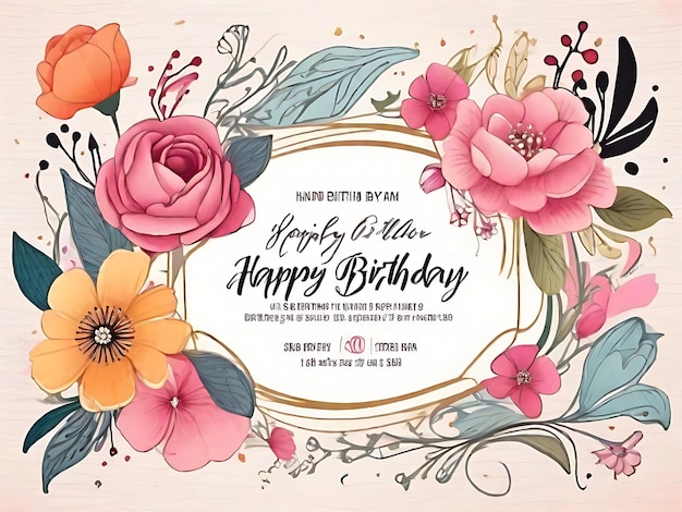 Bloeiende verjaardag Bash handgetekende uitnodigingskaart met vrolijke bloemen