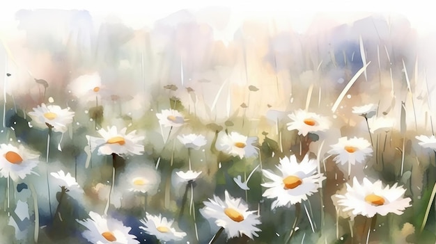 Bloeiende weide met witte lente madeliefjebloemen In aquarelstijl AI gegenereerd