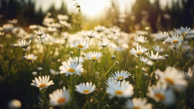 Bloeiende weide met witte lente madeliefjebloemen In aquarelstijl AI gegenereerd