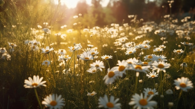 Bloeiende weide met witte lente madeliefjebloemen In aquarelstijl AI gegenereerd