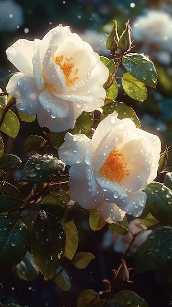 Bloeiende witte rozen met druppels water close-up achtergrond Ai gegenereerd