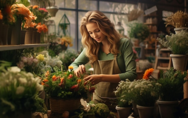 Bloeiende zakelijke bloemistenvrouw bij haar bloemenwinkel Generatieve AI